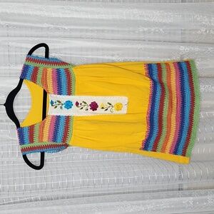 Yellow Rainbow Artisanal Embroidered Girls Dress- Embroidered Dress Sz4t